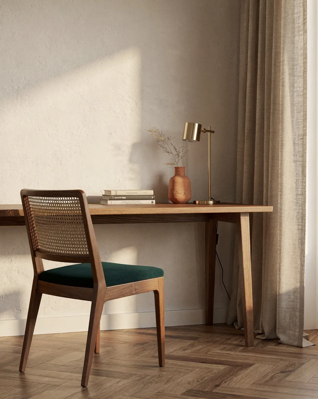 Vue d'artiste de la suite Signature : lit, bureau et fenêtre sur la cour pavée